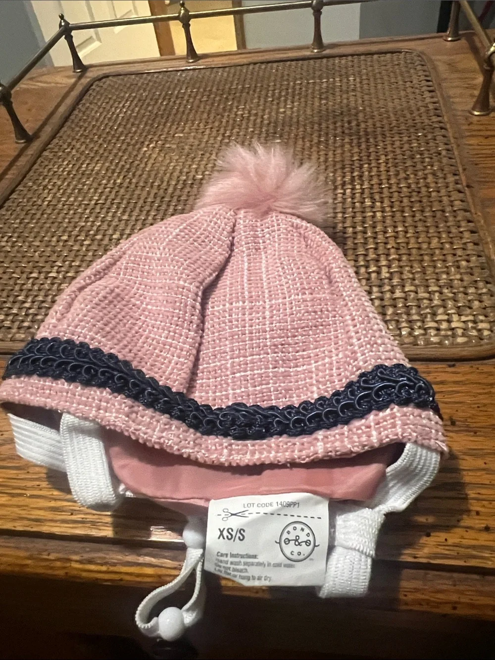 Bond & Co Pink Knit Pom Pom Hat with Navy Trim